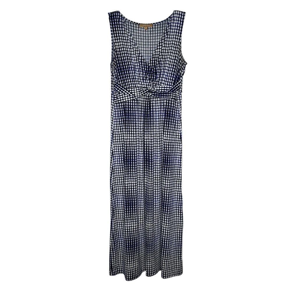 Ellen Tracy Medium V neck Sleeveless Dress Geometric Blue Black White Long